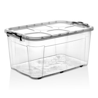 Cutie depozitare 80L cu capac si roti din plastic transparenta 478x750x370mm
