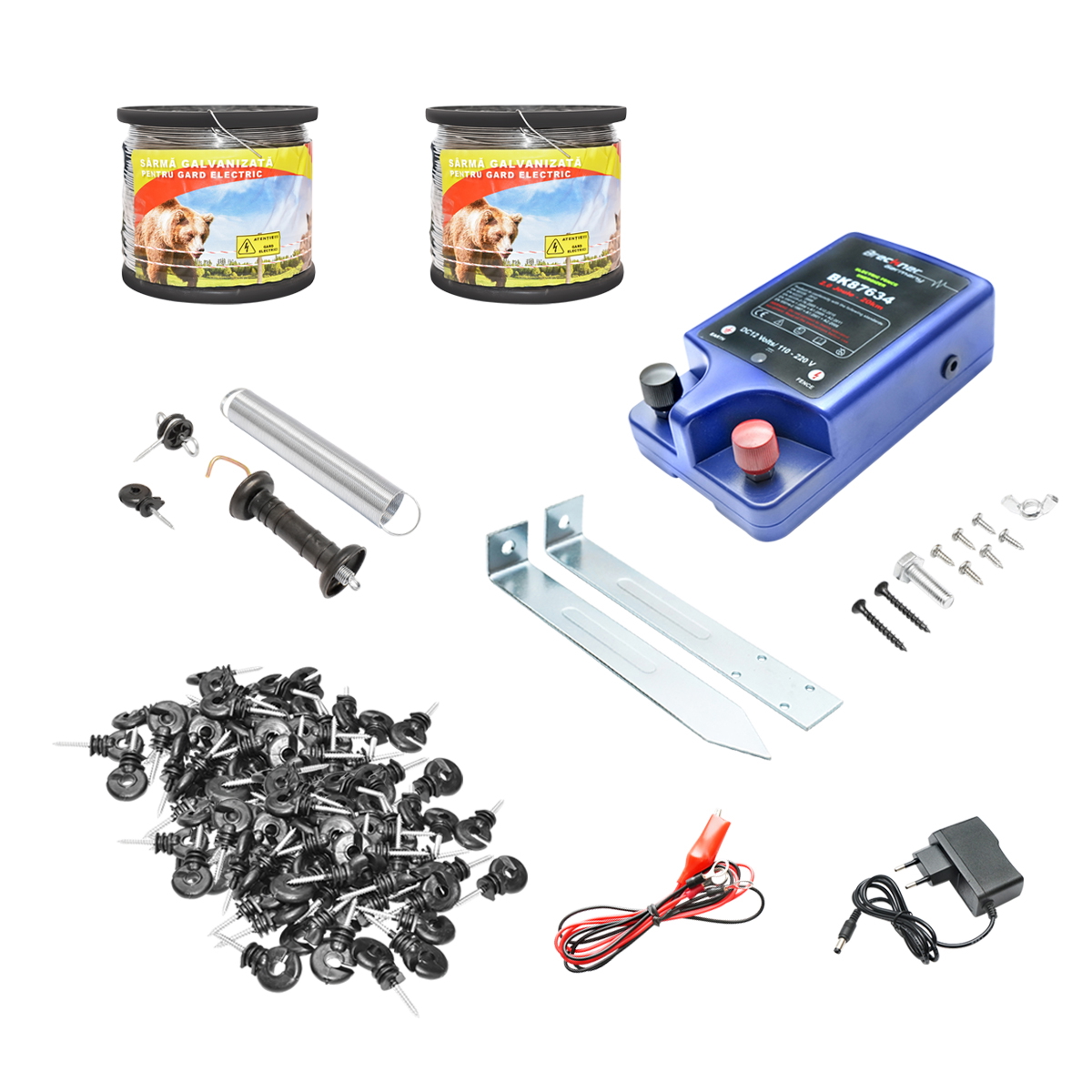 Kit complet gard electric 220V, 2 Joule, lungime fir 1000m, 100 izolatori si kit poarta Breckner Germany