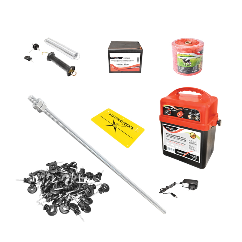Kit gard electric 9-12V/220V, 1 Joule, lungime fir 1000m cu baterie uscata (nereincarcabila) 9V/90Ah Breckner Germany