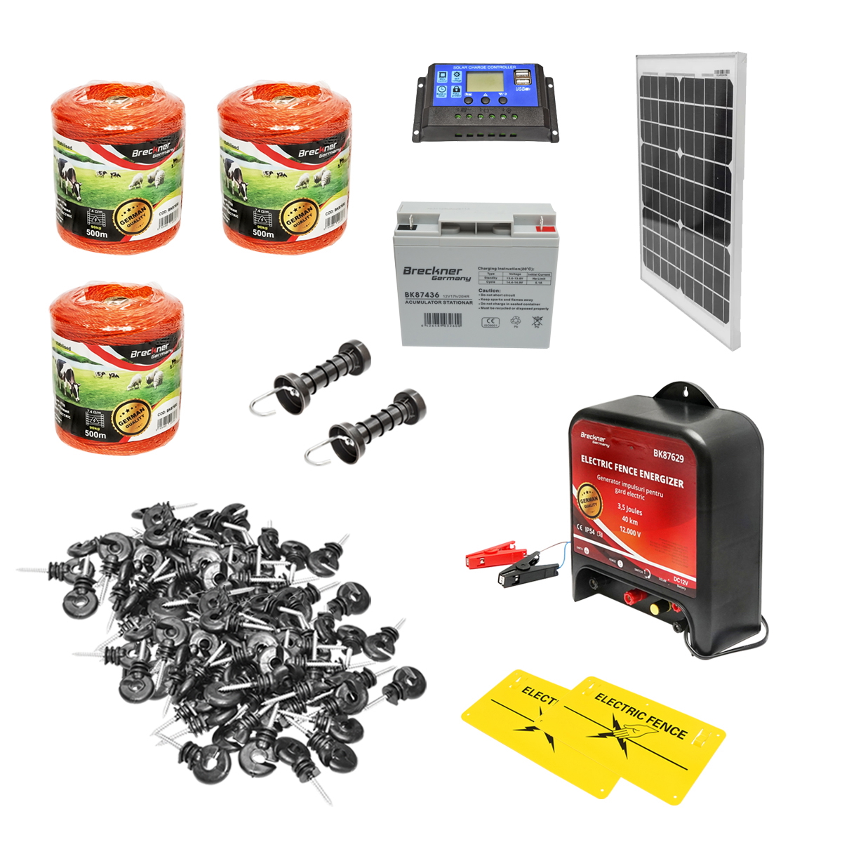 Kit complet gard electric 12V 4 Joule, lungime fir 1500m, panou solar 20W, baterie 12V/17Ah, 200 izolatori si maner poarta Breckner Germany