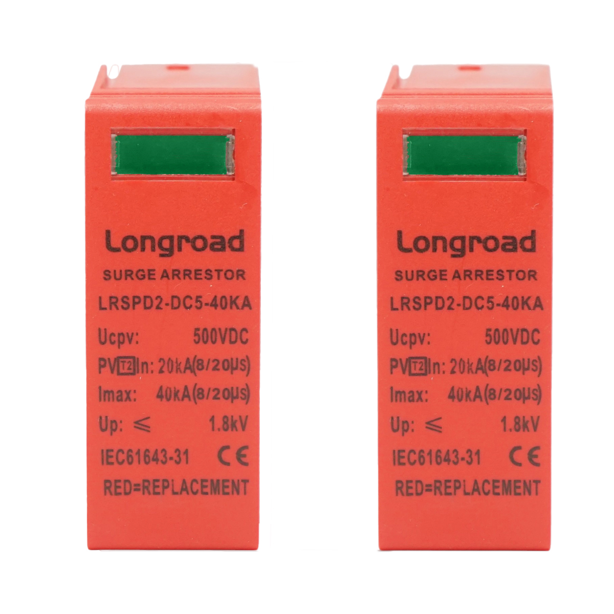 Set 2 cartuse descarcator supratensiune sisteme fotovoltaice DC tip C 500VDC 2P 40kA LRSPD2-DC5-40KA Longroad