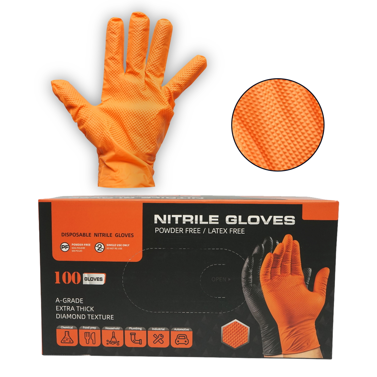 Manusi din nitril portocalii nepudrate cu textura diamond grip, marimea M 100 buc/cutie