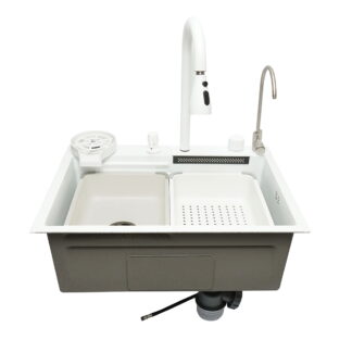 Chiuveta bucatarie multifunctionala din otel inoxidabil cu doua baterii, functie cascada, spalator pahare, dozator sapun, scurgator, tava, tocator si accesorii scurgere incluse, dimensiune 60x45x22cm