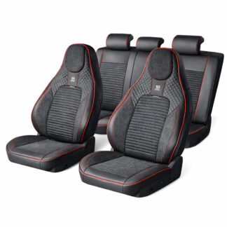 Set huse scaune auto Premium Negru-Rosu universale, design sport ergonomic, piele ecologica cu insertii textile, fata + spate 11 piese