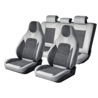 Set huse scaune auto Premium Crem-Gri universale, design sport ergonomic, piele ecologica cu insertii textile, fata + spate 11 piese