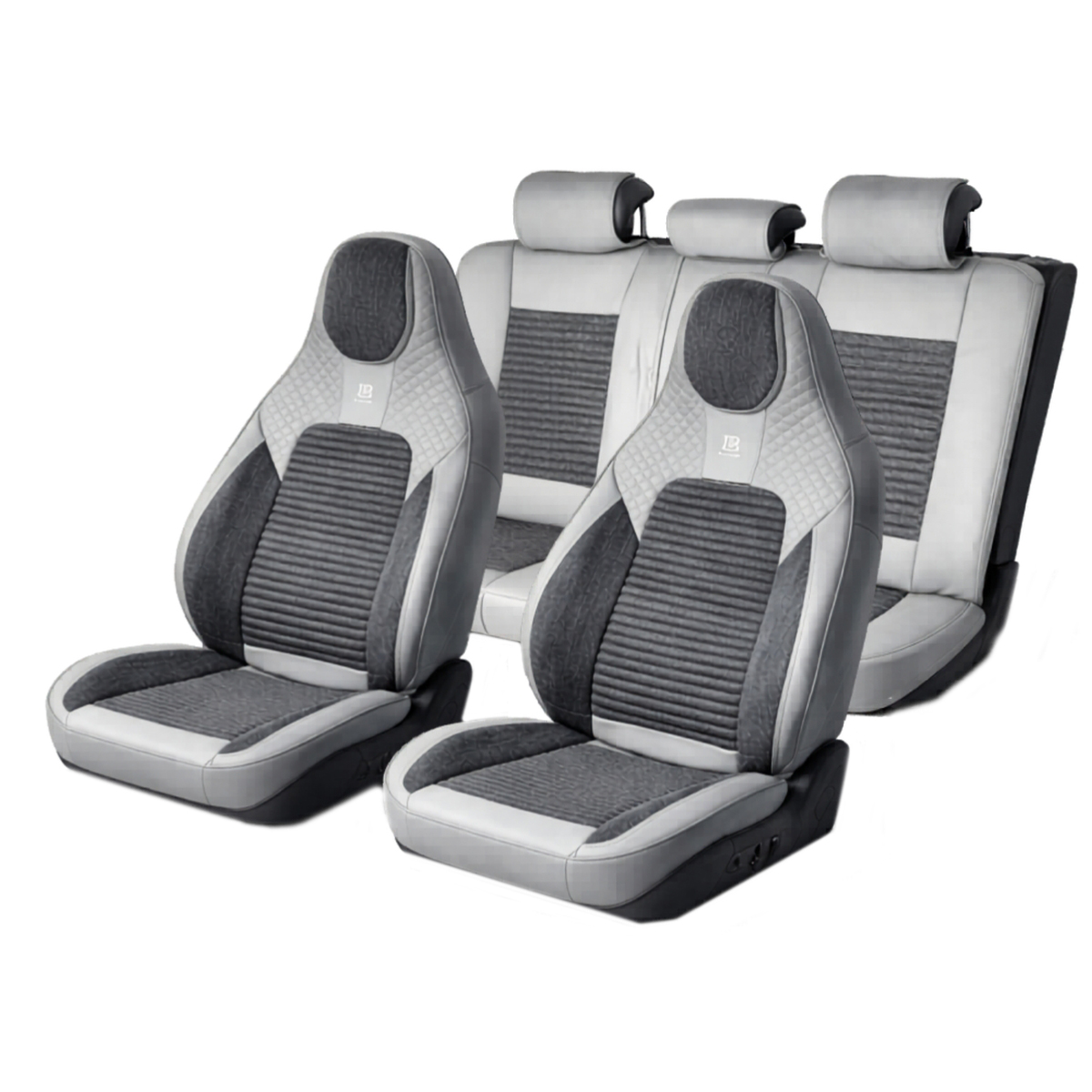 Set huse scaune auto Premium Crem-Gri universale, design sport ergonomic, piele ecologica cu insertii textile, fata + spate 11 piese