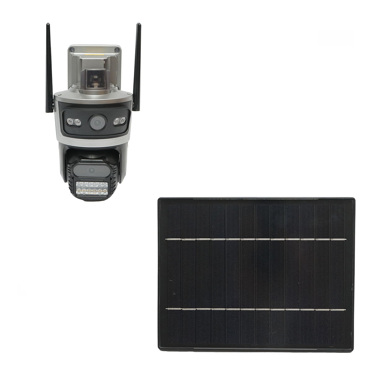 Camera supraveghere lentila duala 4 MP, cartela sim 4G cu panou solar 7.6W, baterie 18650 incarcare rapida, rotativa 360 grade PTZ cu senzor de miscare, detectie umana PIR, alarma, night vision si aplicatie iCSee