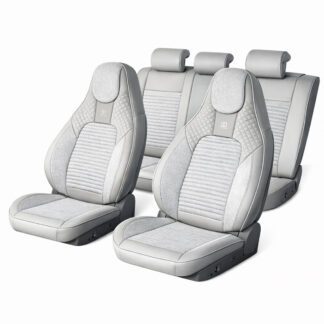Set huse scaune auto Premium Crem-Gri universale, design sport ergonomic, piele ecologica cu insertii textile, fata + spate 11 piese