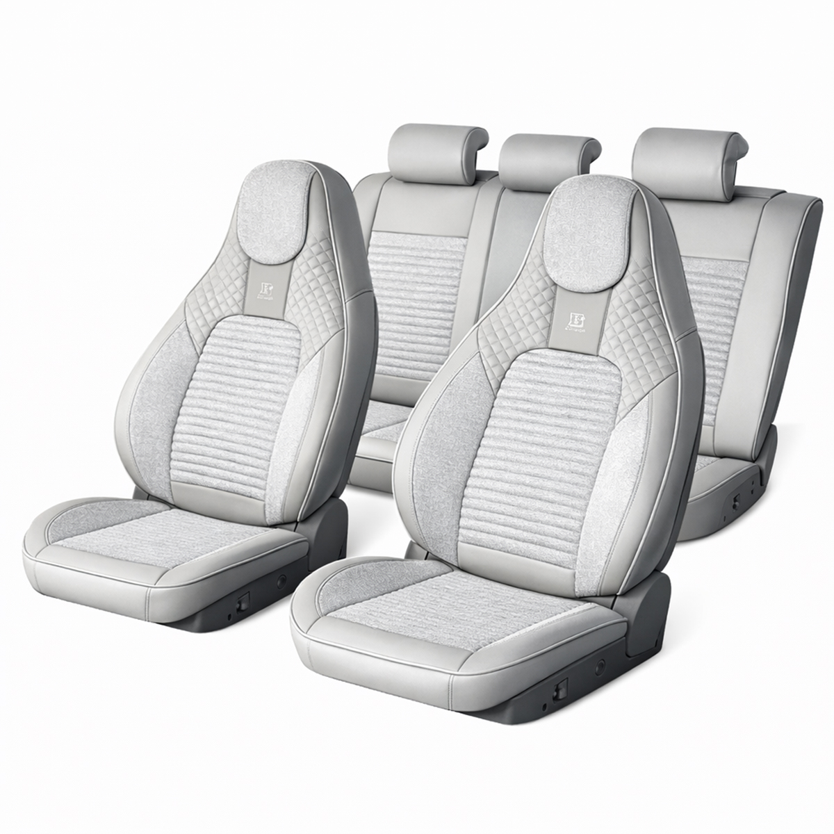 Set huse scaune auto Premium Crem-Gri universale, design sport ergonomic, piele ecologica cu insertii textile, fata + spate 11 piese