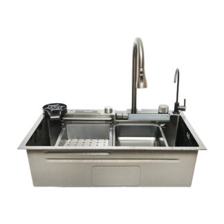 Chiuveta bucatarie multifunctionala din otel inoxidabil cu doua baterii, afisaj digital temperatura, functie cascada, spalator pahare, scurgator, tava, tocator si accesorii scurgere incluse, dimensiune 75x46x23.5cm
