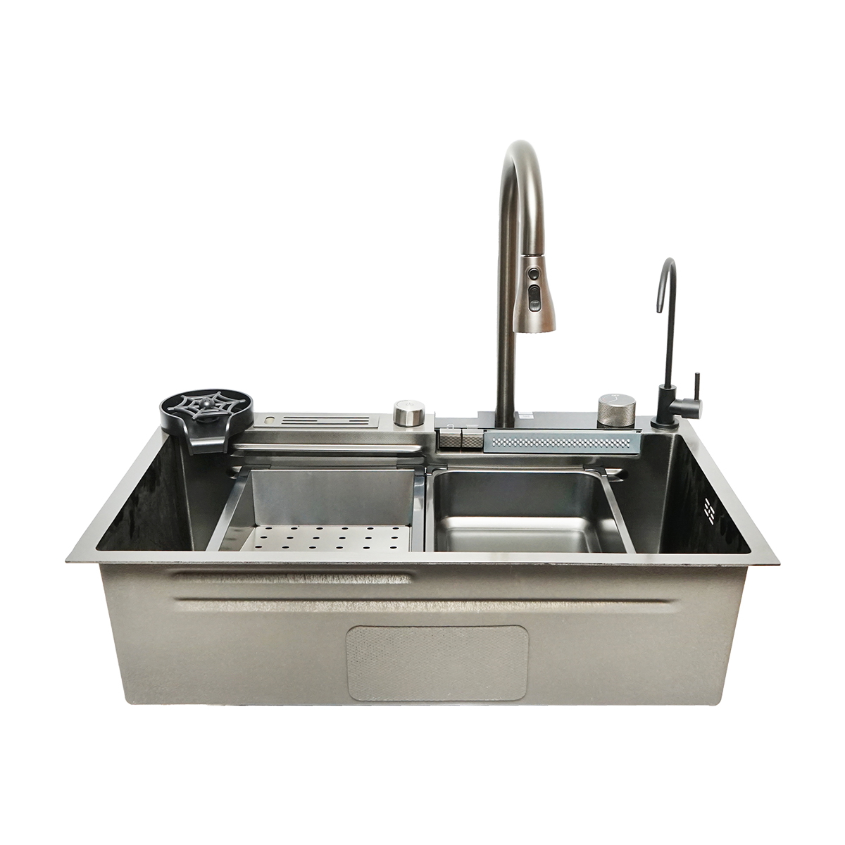 Chiuveta bucatarie multifunctionala din otel inoxidabil cu doua baterii, afisaj digital temperatura, functie cascada, spalator pahare, scurgator, tava, tocator si accesorii scurgere incluse, dimensiune 75x46x23.5cm