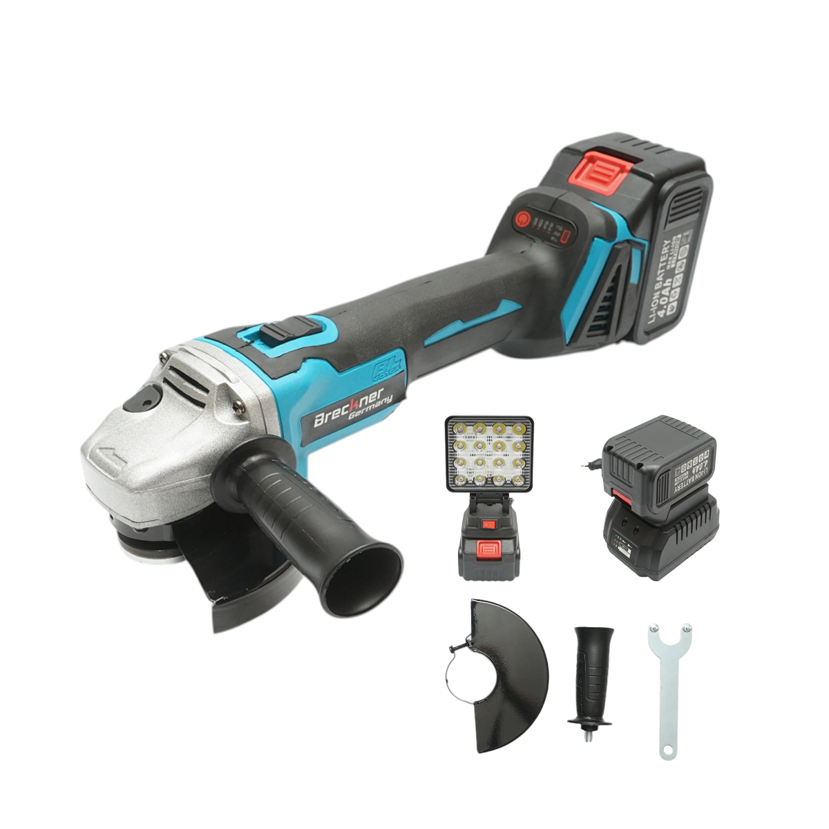 Polizor unghiular cu acumulator 21V, 4Ah Li-ion, disc 125mm, motor fara perii (brushless), proiector LED inclus Breckner Germany