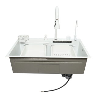 Chiuveta bucatarie multifunctionala din otel inoxidabil cu doua baterii, functie cascada, spalator pahare, dozator sapun, scurgator, tava, tocator si accesorii scurgere incluse, dimensiune 75x46x23.5cm