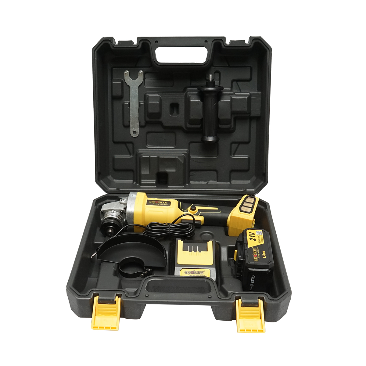 Polizor unghiular cu acumulator 21V, 4Ah Li-ion, disc 115mm, motor fara perii (brushless), 3 trepte de viteza Crownman