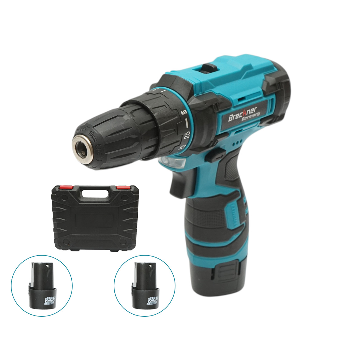 Masina de gaurit si insurubat cu 2 acumulatori 12V, 1.3Ah Li-ion, LED, cuplu 18-35Nm, mandrina 10mm, 0-350/1350rpm Breckner Germany