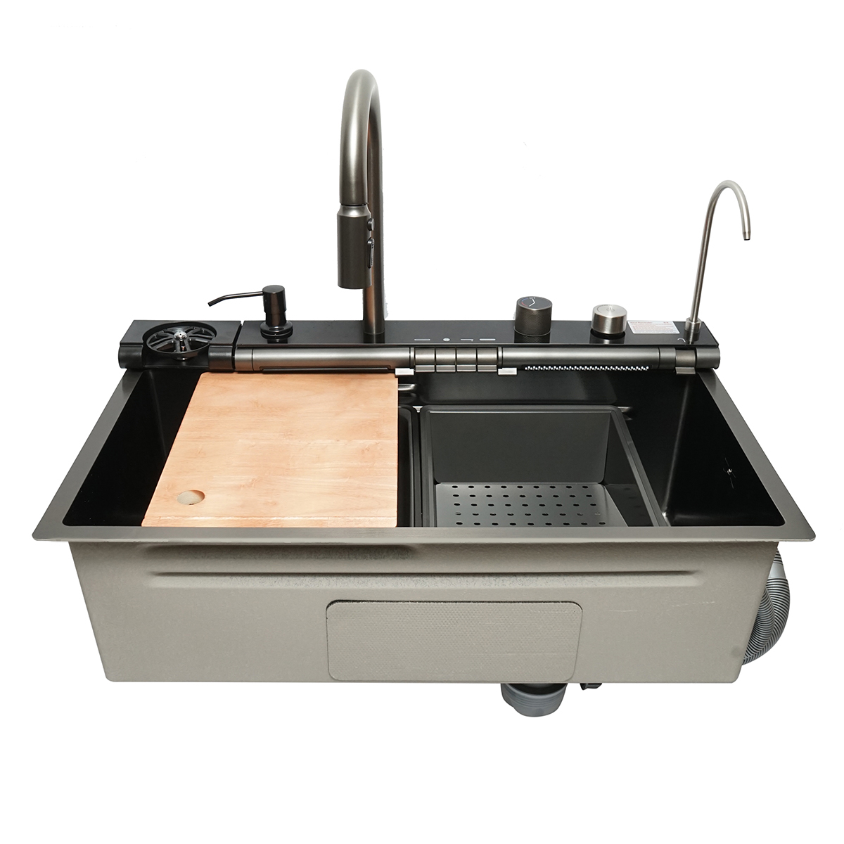 Chiuveta bucatarie multifunctionala din otel inoxidabil cu doua baterii, afisaj digital temperatura, doua cascade, spalator pahare, scurgator, tava, tocator si accesorii incluse, dimensiune 75x46x22cm