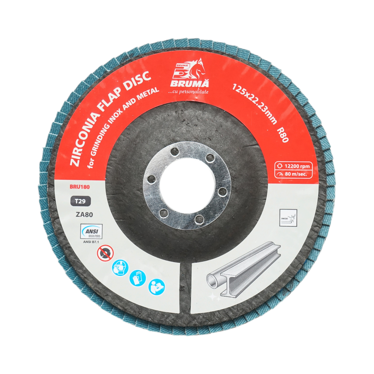 Disc lamelar abraziv cu zirconiu 125x22.23mm T29 R80 pentru slefuire, polizare metal si inox