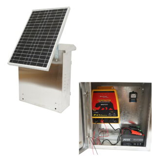 Aparat generator impulsuri 12 Joule, DC12V/220V cu panou solar 30W si baterie 12V 12Ah cutie din inox pentru gard electric Breckner Germany.