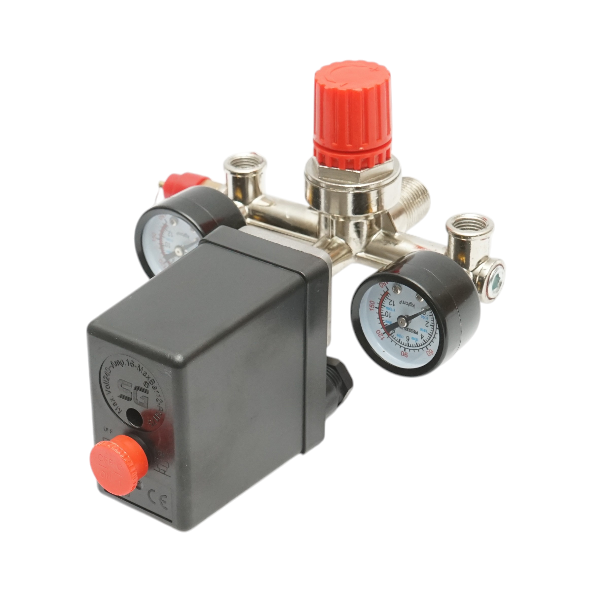 Presostat compresor aer 220V, regulator cu 2 manometre 12 bar
