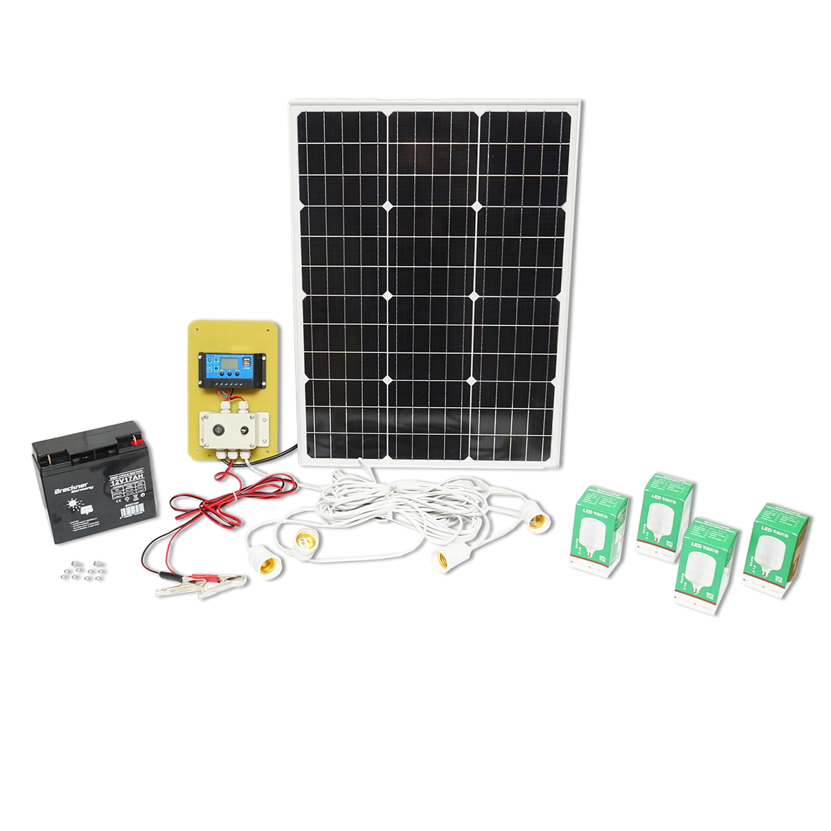 Set panou solar 50W fotovoltaic monocristalin 670x540x30mm 12-24V baterie 12/17Ah 4 becuri 9W Breckner Germany