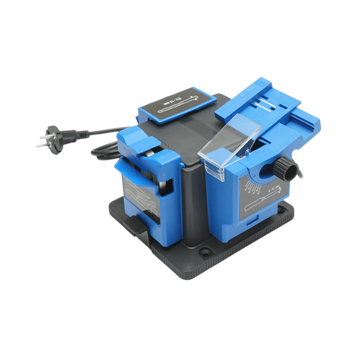 Masina de ascutit cutite electrica 220V, 65W, 7000rpm, unghi 15-50°, latime ascutire 6-51mm, burghie 3-13mm, foarfece, dalti, rindele