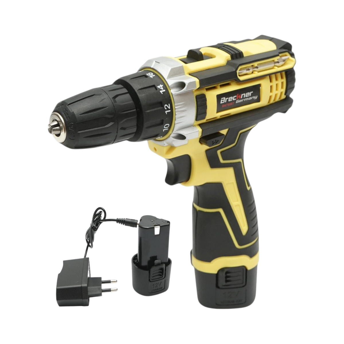 Masina de insurubat si gaurit cu 2 acumulatori 12V, 1.5Ah Li-ion, cuplu 25Nm, mandrina 10mm, 0-350/1350rpm Breckner Germany