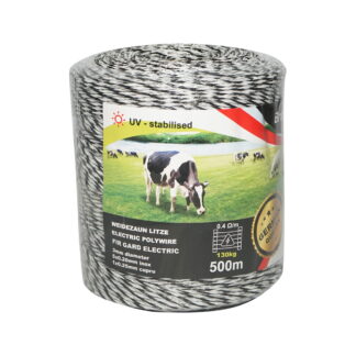 Rola fir negru-alb fi 3mm 5x0.2mm inox, 1x0.25 cupru 0.4 Ohm/m, 500m gard electric Breckner Germany