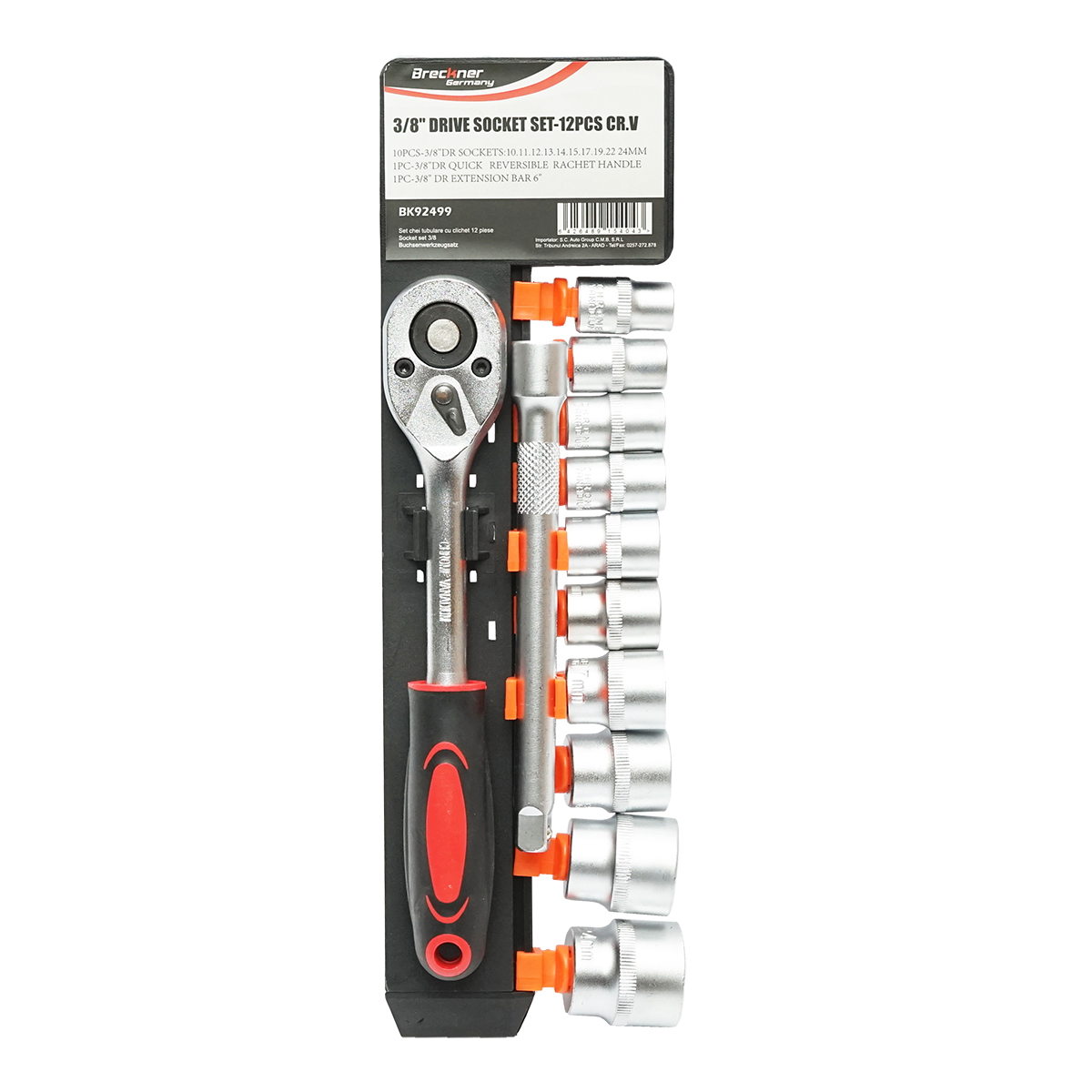 Set chei tubulare 10-24mm, prelungitor 150mm si antrenor cu clichet 3/8 inch 12 piese Breckner Germany