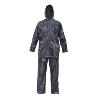 Costum impermeabil XL cu gluga si pantaloni din poliester si PVC, navy blue Breckner Germany