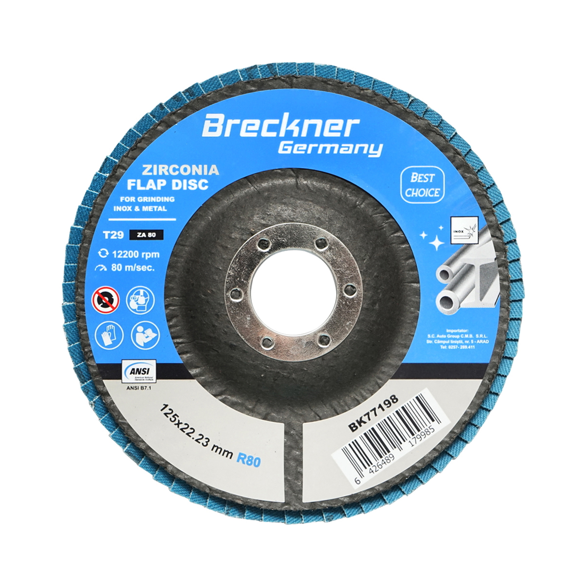 Disc lamelar abraziv cu zirconiu pentru taiat si polizat metal, inox P80, 125mm Breckner Germany