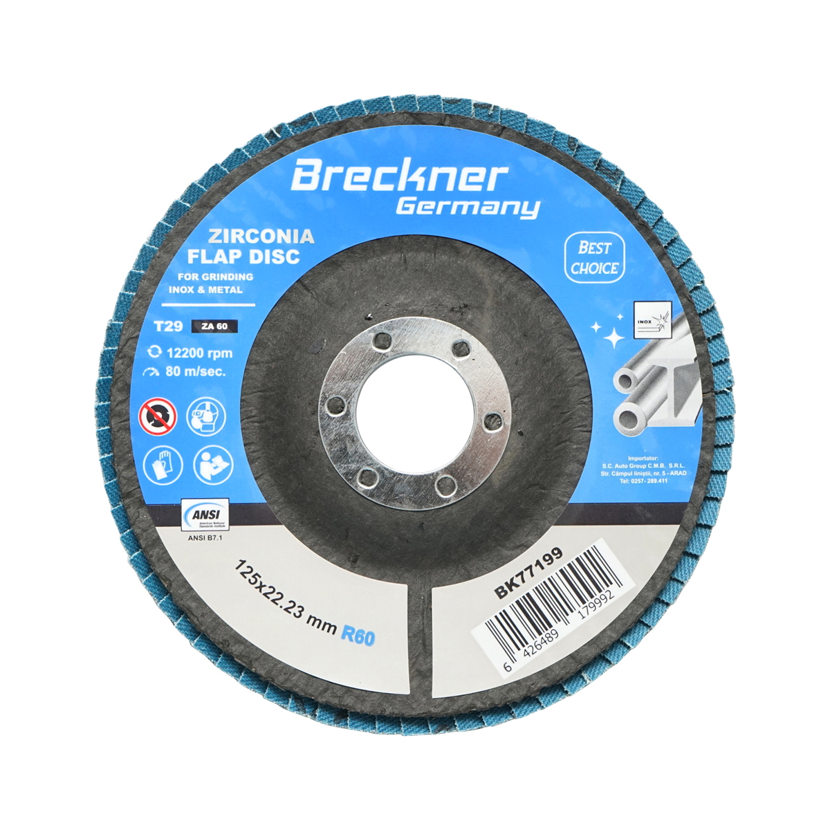 Disc lamelar abraziv cu zirconiu pentru polizat metal inox P60, 125mm Breckner Germany