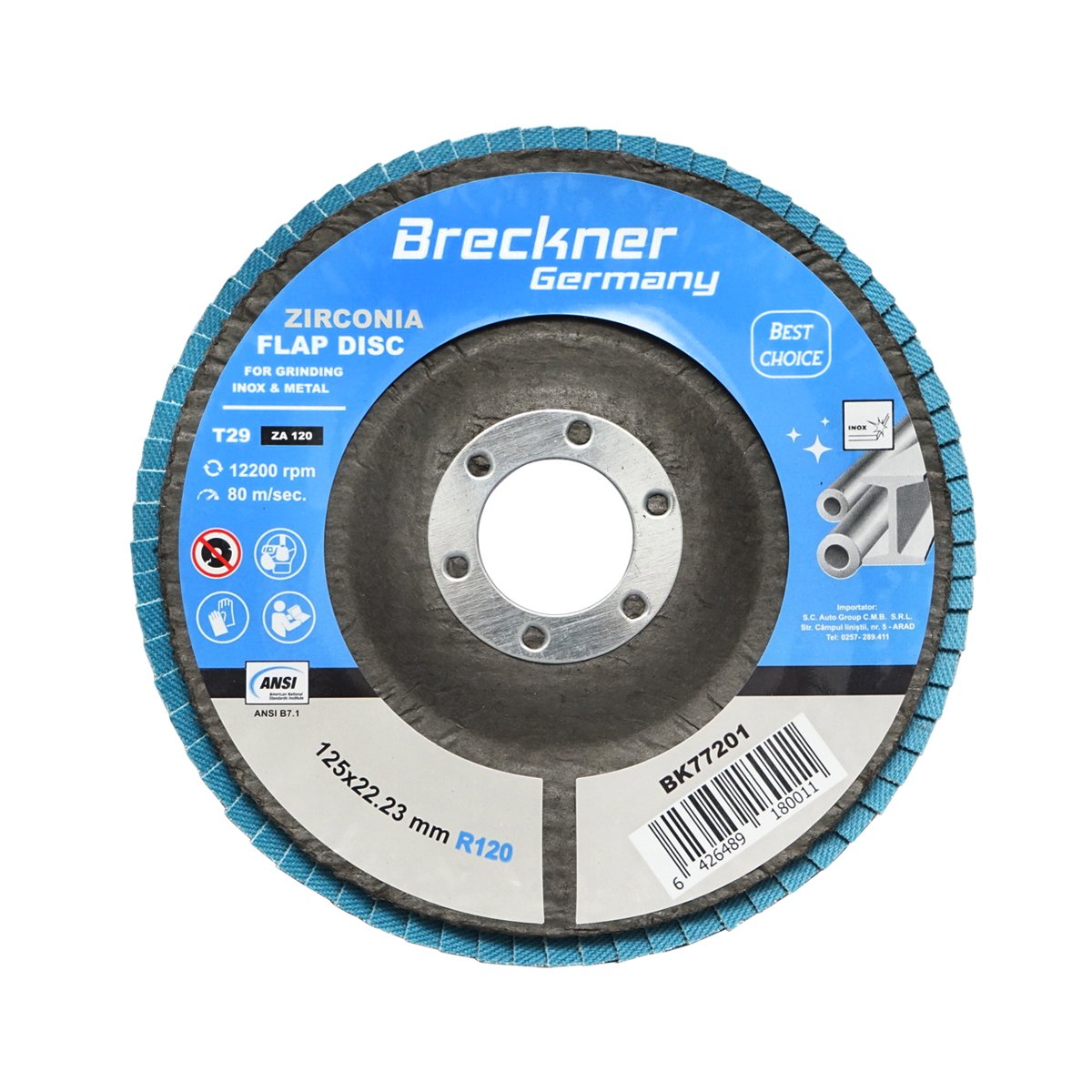 Disc lamelar abraziv cu zirconiu pentru taiat si polizat metal, inox P120, 125mm Breckner Germany