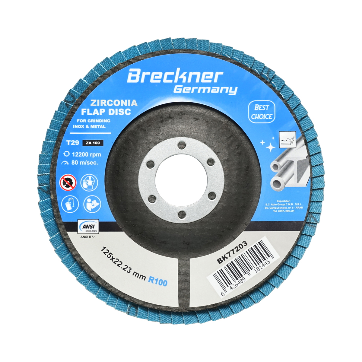 Disc lamelar abraziv cu zirconiu 125mm, P100 pentru taiat si polizat metal, inox Breckner Germany