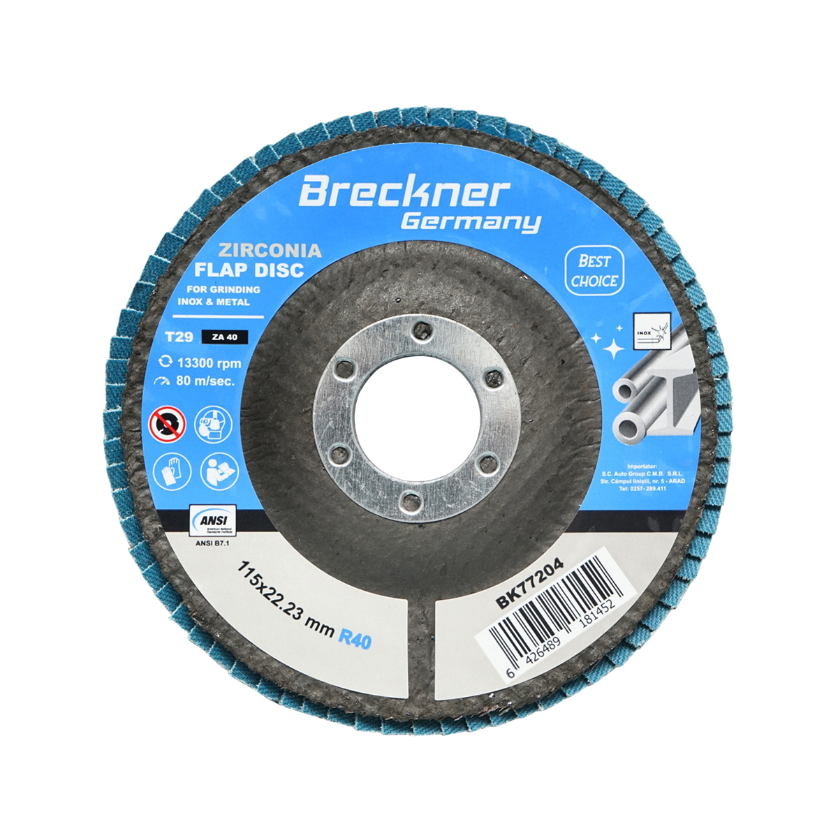 Disc lamelar abraziv cu zirconiu pentru taiat si polizat metal, inox P40, 115mm Breckner Germany