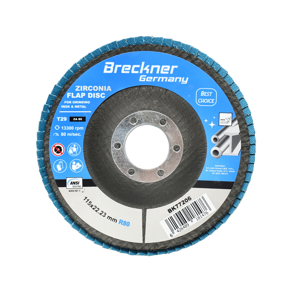 Disc lamelar abraziv cu zirconiu pentru taiat si polizat metal, inox P80, 115mm Breckner Germany