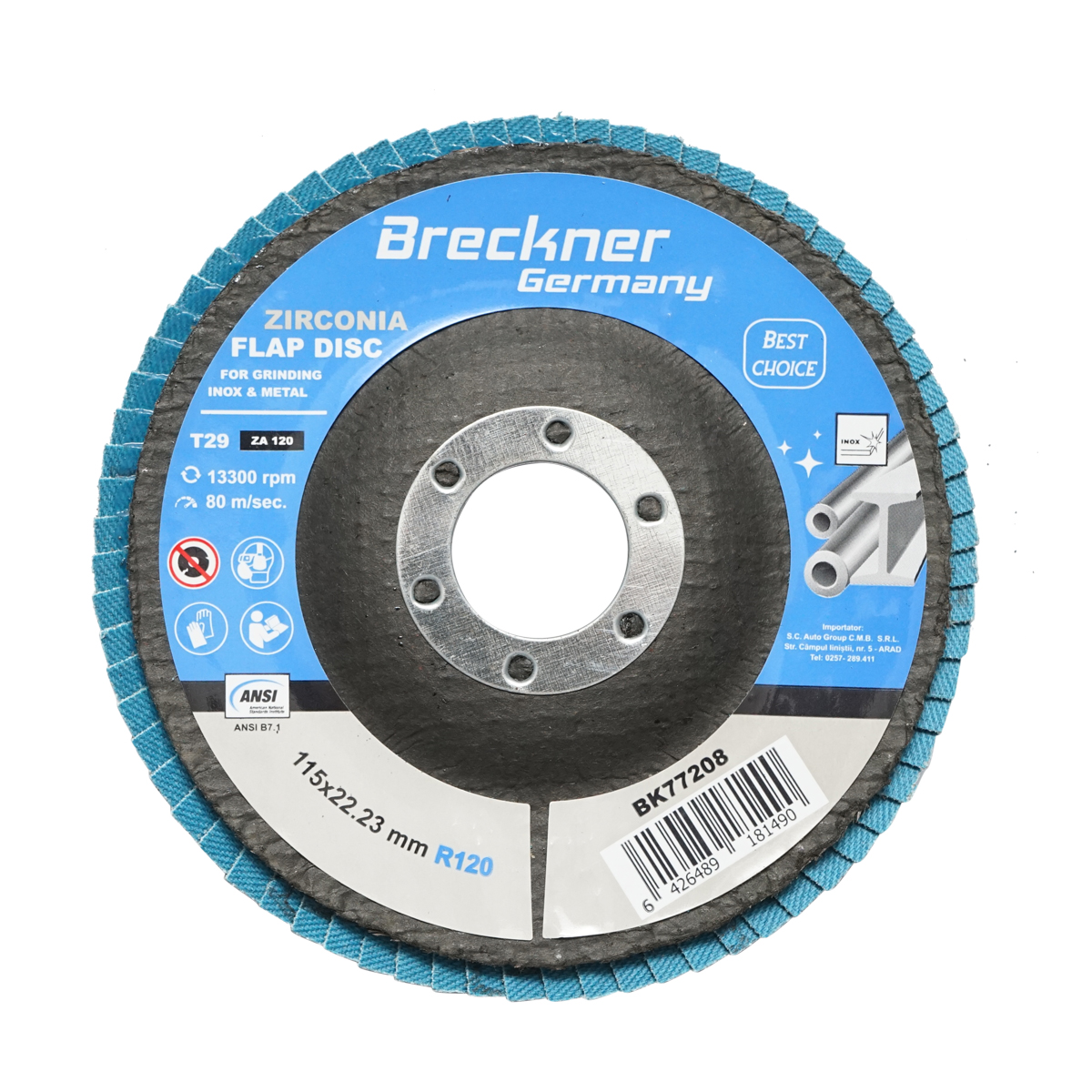 Disc lamelar abraziv cu zirconiu pentru taiat si polizat metal si inox P120, 115mm Breckner Germany
