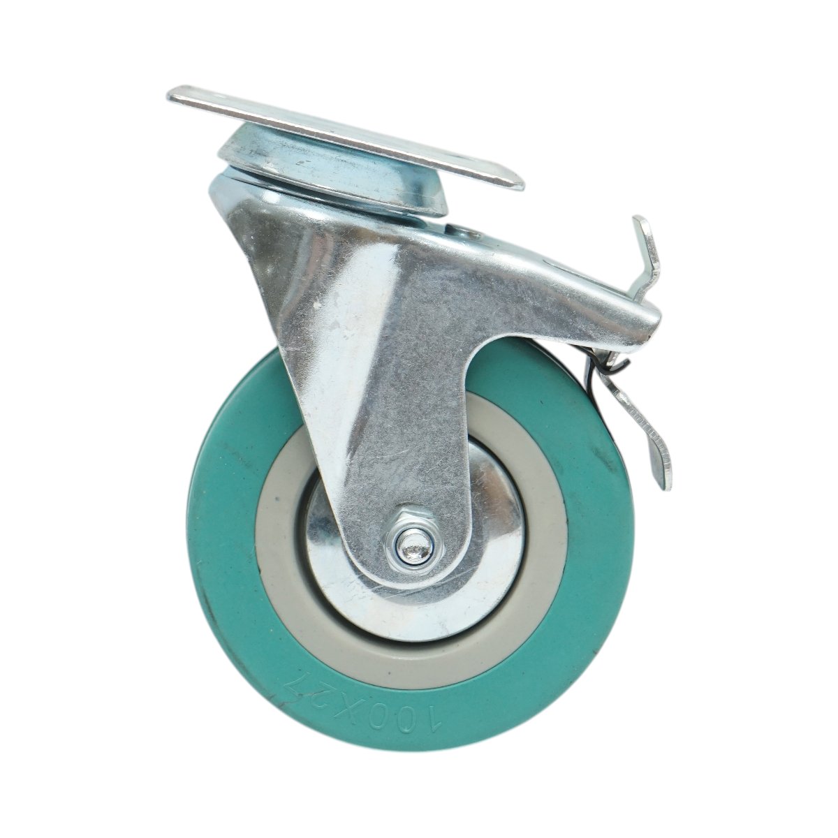 Roata pivotanta 100x26mm cu frana, cauciuc plin albastru, placa otel 75x75mm 55kg - imagine 2