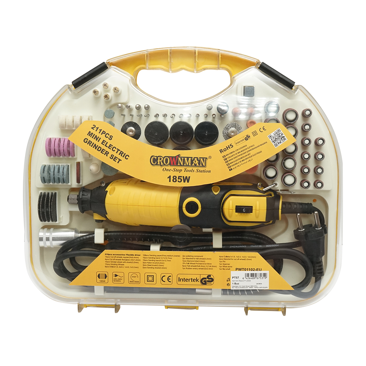 Set trusa mini freza 185W, 220V tip biax, 9 trepte viteza 8000-35000rpm 211 piese Crownman - imagine 2