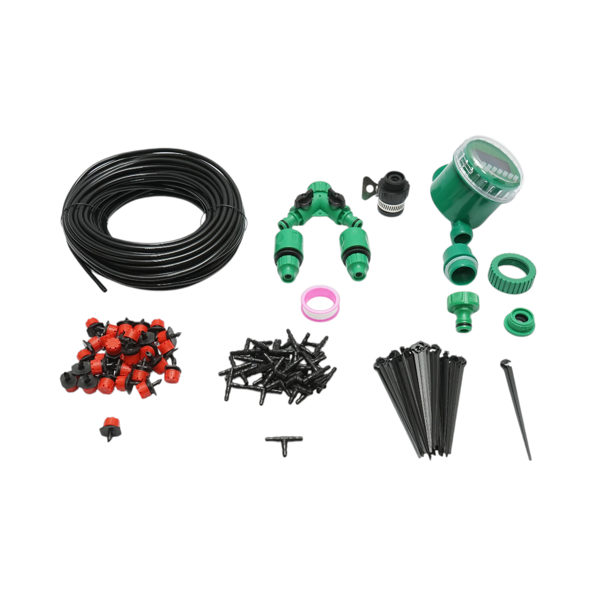 Kit complet irigare prin picurare cu furtun 25m, temporizator, duze, conectori, tije de fixare 100 piese - imagine 2