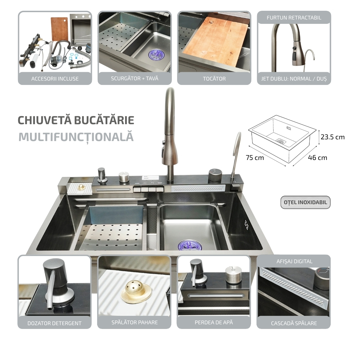 Chiuveta bucatarie multifunctionala din otel inoxidabil cu 2 cascade, afisaj digital temperatura, functie cascada, dozator sapun, spalator pahare, scurgator, tava, tocator si accesorii scurgere incluse, dimensiune 75x46x23.5cm - imagine 2