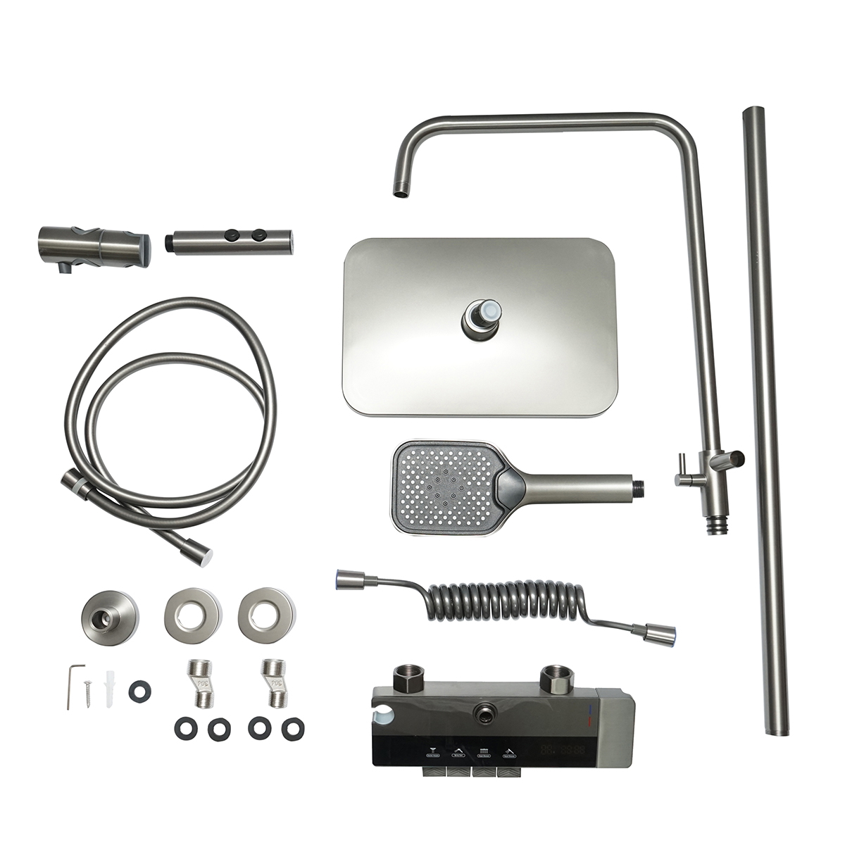 Set dus multifunctional cu termostat, afisaj digital temperatura apa, 4 functii de curgere a apei, pipa cada, dus dreptunghiular, dus de mana, dus bideu, gri - imagine 2