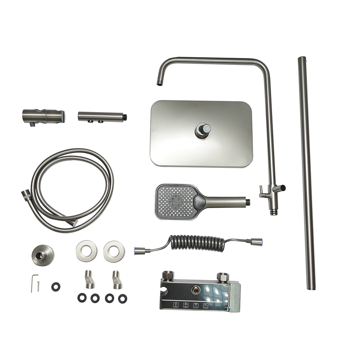 Set dus multifunctional cu termostat, afisaj digital temperatura apa, 4 functii de curgere a apei, pipa cada, dus dreptunghiular, dus de mana, dus bideu, gri - imagine 2