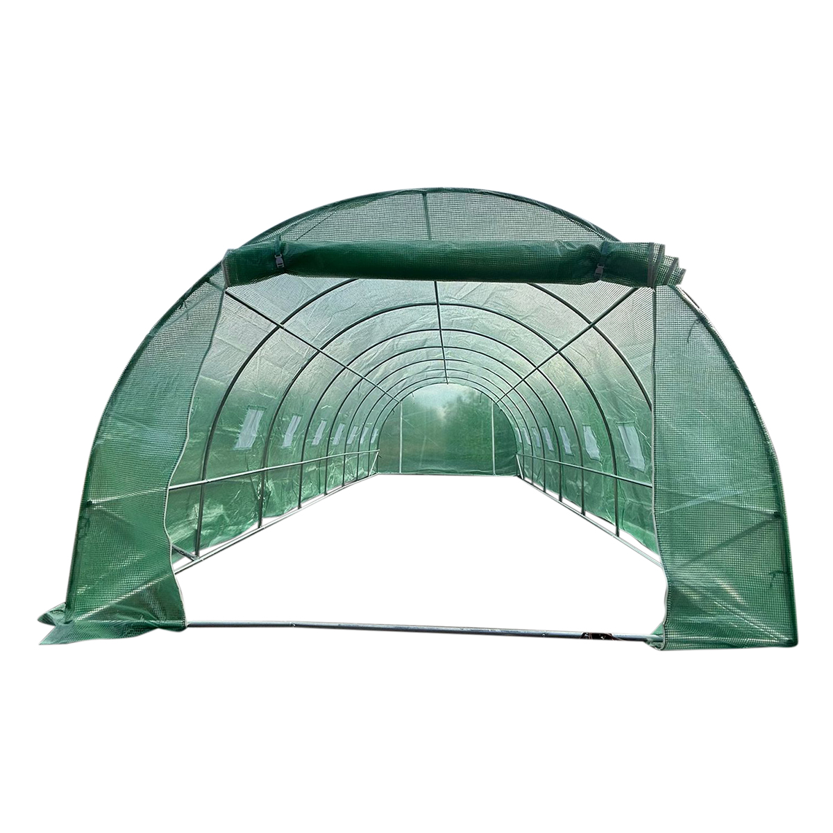 Solar de gradina 800x400x230cm cu sistem irigare, folie verde PE cu plasa 180g/mp UV, 16 ferestre, 2 usi, teava otel galvanizat 25mm - imagine 2