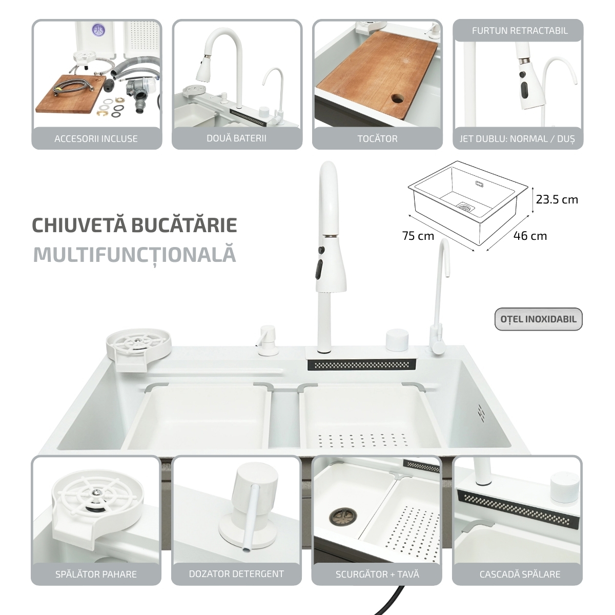 Chiuveta bucatarie multifunctionala din otel inoxidabil cu doua baterii, functie cascada, spalator pahare, dozator sapun, scurgator, tava, tocator si accesorii scurgere incluse, dimensiune 75x46x23.5cm - imagine 2