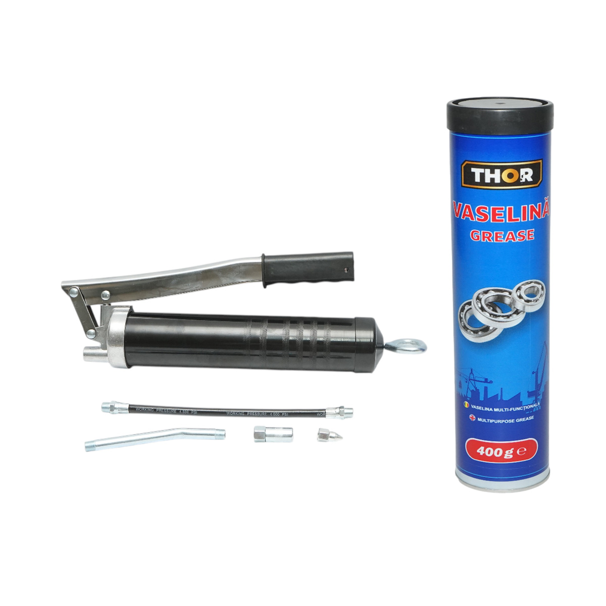 Pistol pentru gresat cu maner iesire orizontala si tub vaselina albastra 400g - imagine 2