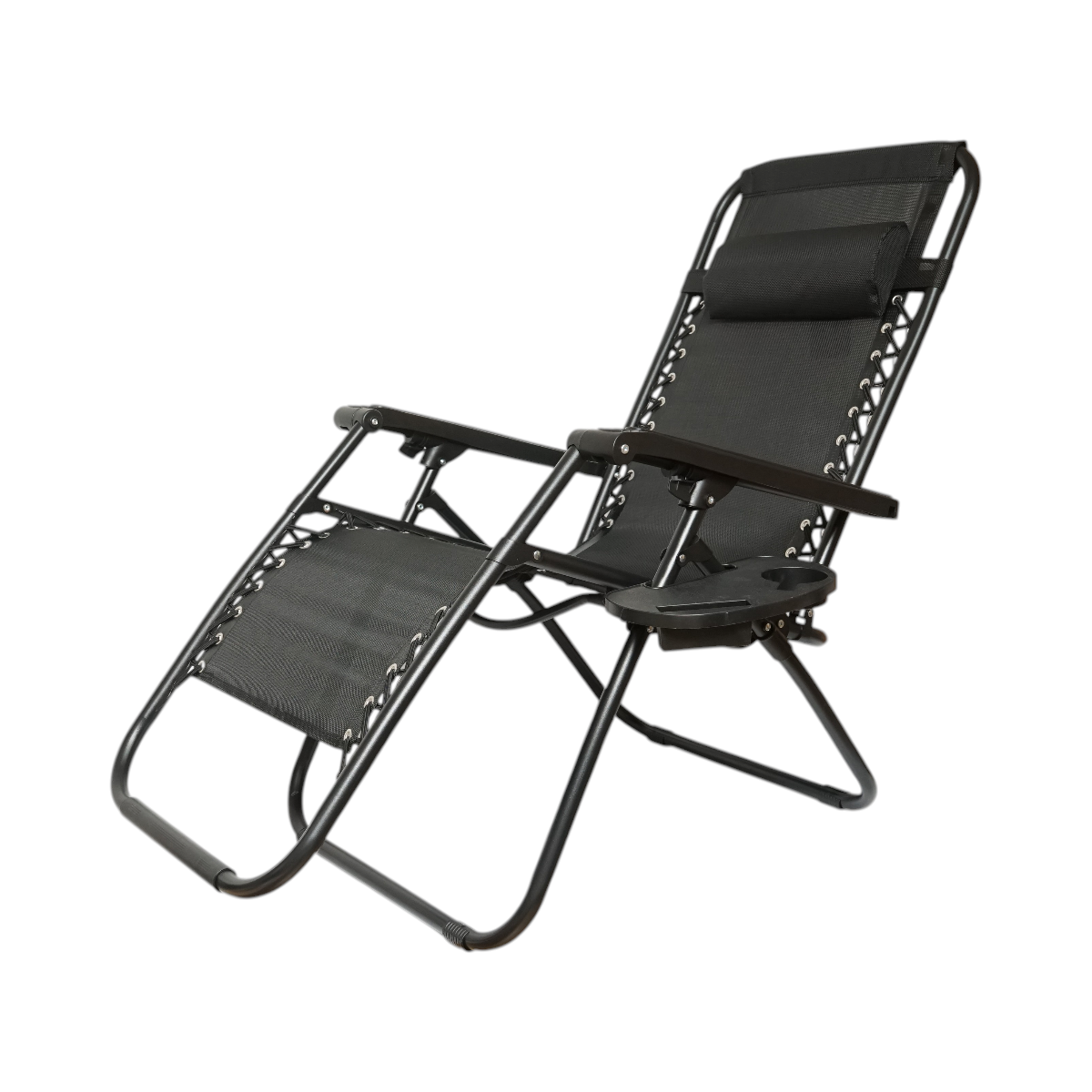 Scaun relaxare pliabil zero gravity tip sezlong negru cu suport pahar si tava, tetiera detasabila, structura otel - imagine 2