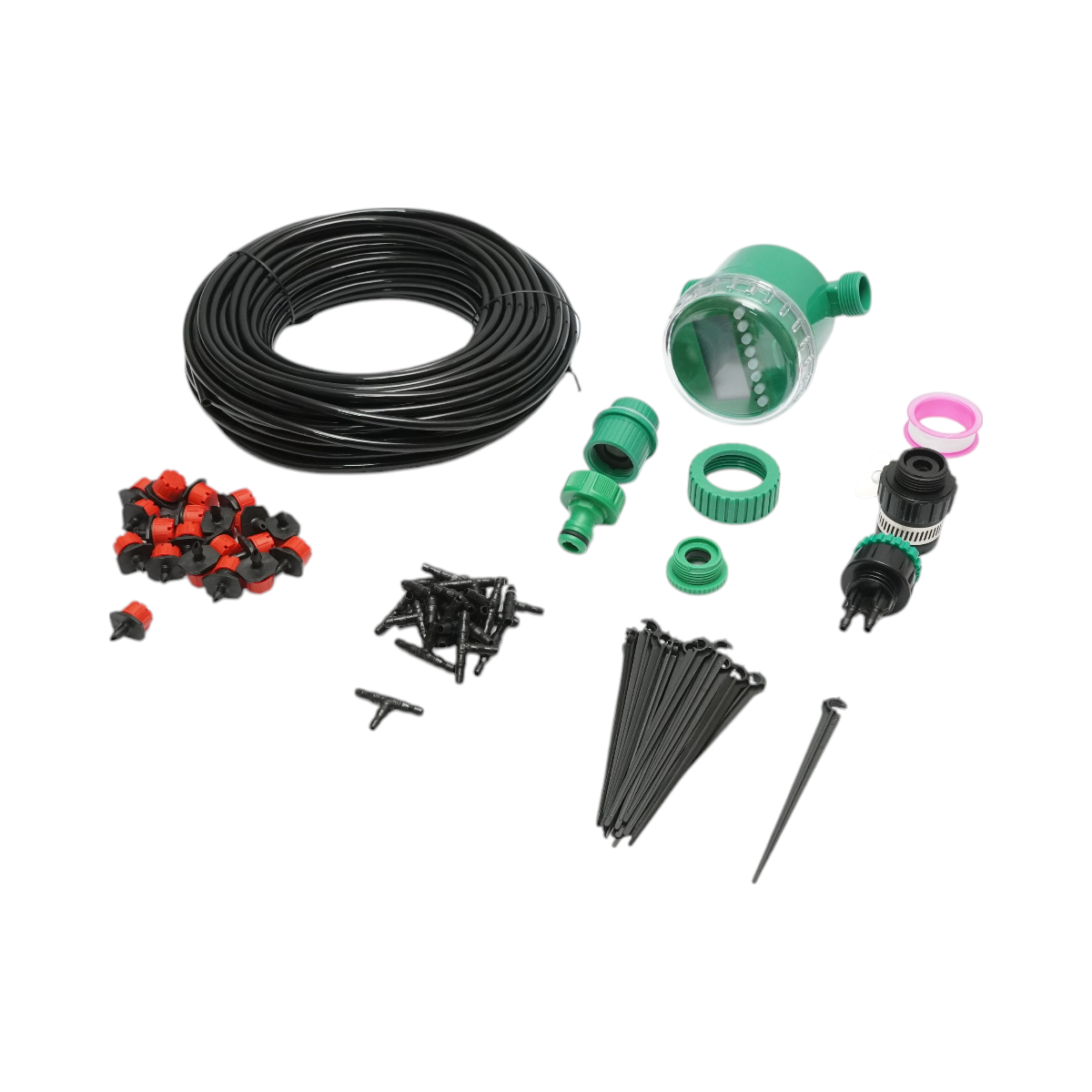 Kit complet irigare prin picurare cu furtun 25m, temporizator, duze, conectori, tije de fixare 66 piese - imagine 2