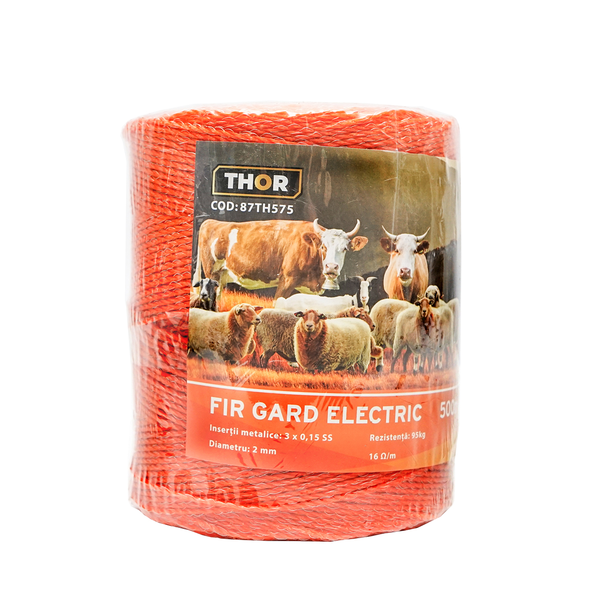 Rola fir portocaliu fi 2mm insertie metalica 3x0.15mm SS, rezistenta 16Ohm/m, 500m gard electric Thor - imagine 2