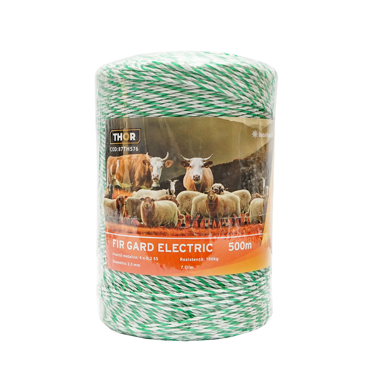 Rola fir alb-verde fi 2.5mm insertie metalica 4x0.2mm SS, rezistenta 7 Ohm/m, 500m gard electric Thor - imagine 2