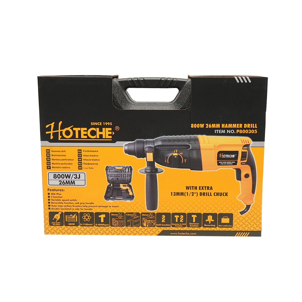 Ciocan rotopercutor cu mandrina SDS plus 800W, 3J, 1100rpm Hoteche - imagine 2